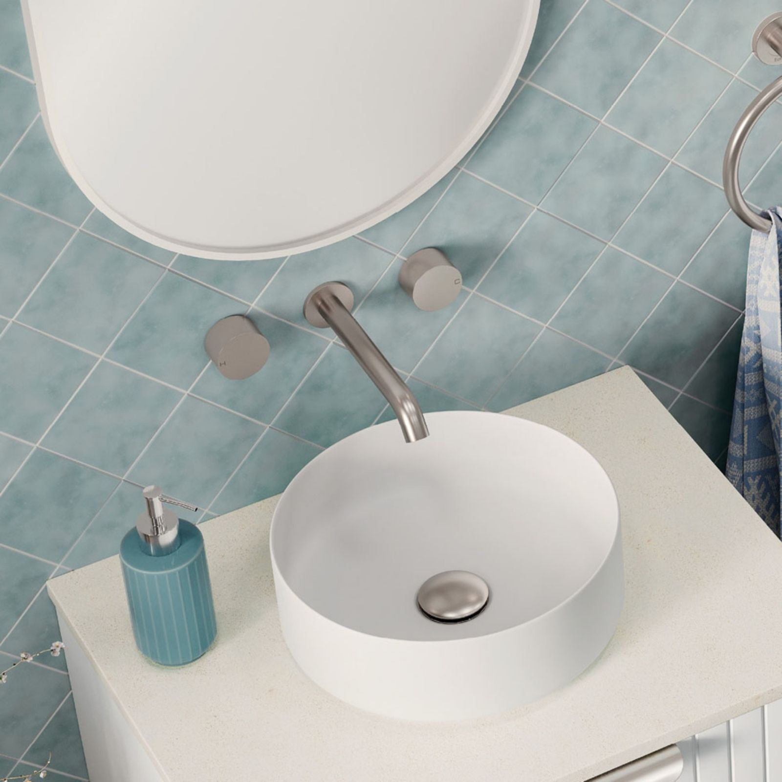 Lifestyle 1 Fienza Kaya Round Taps Wall Basin/Bath 180mm Outlet Set Brushed Nickel 338102BN-LF - The Blue Space