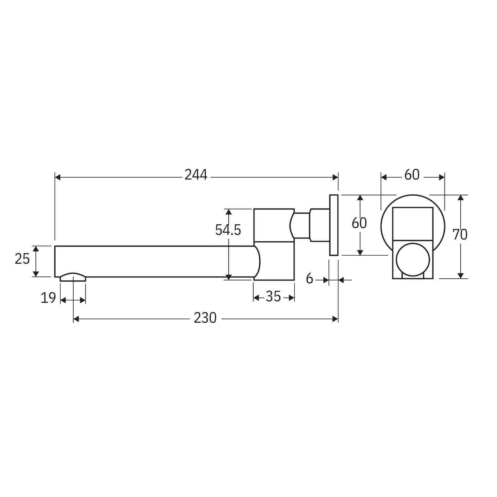 Technical Drawing Fienza Kaya Swivel Wall Basin/Bath 230mm Outlet Brushed Copper 228125CO-LF - The Blue Space