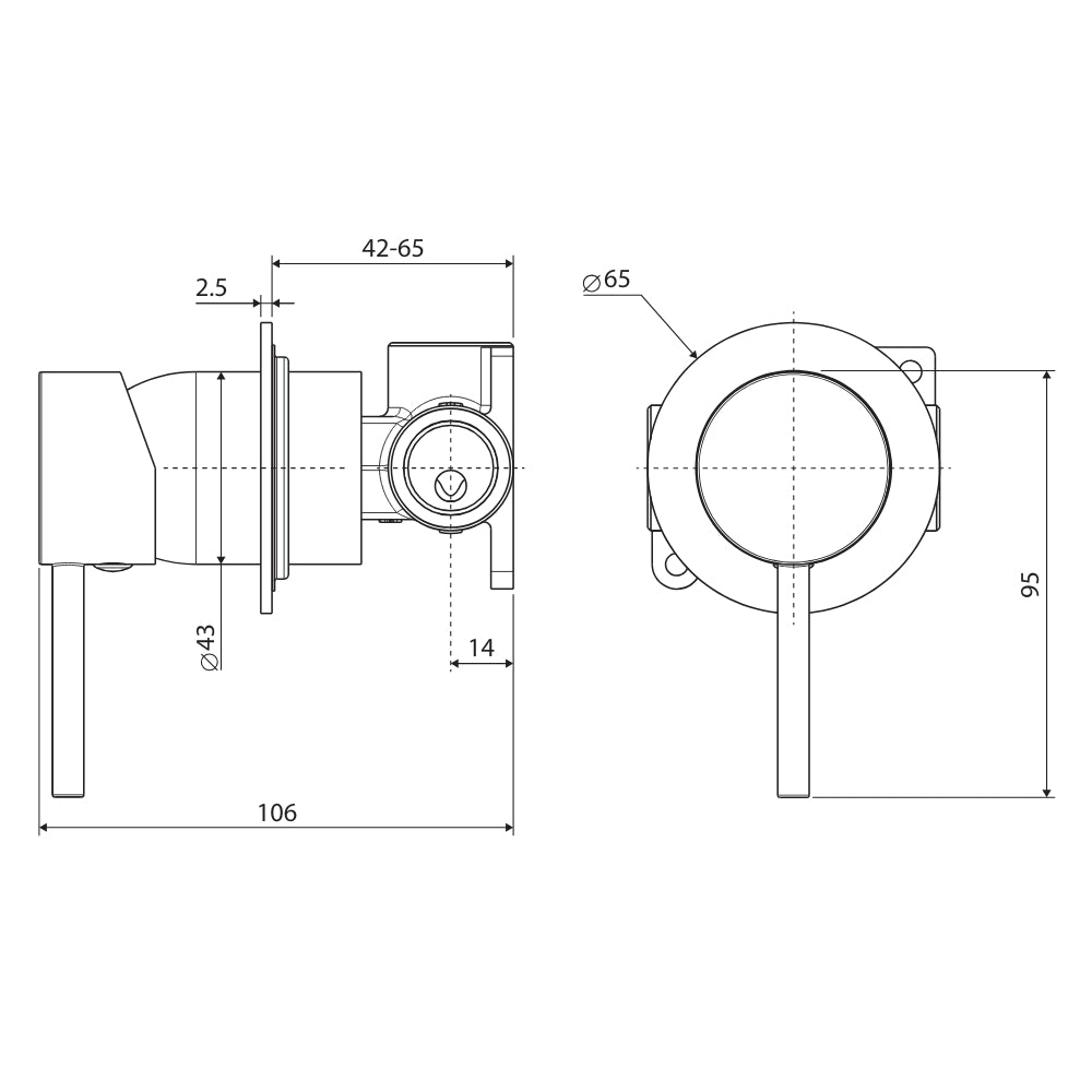Technical Drawing Fienza Kaya Wall Mixer Small Plate Brushed Nickel 228101BN-LF - The Blue Space