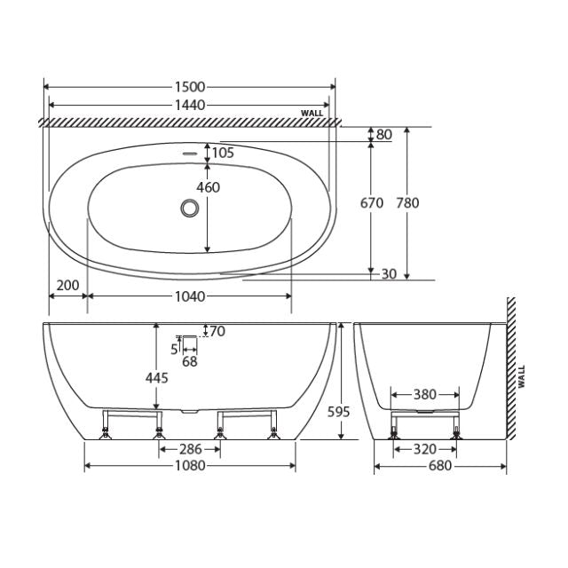 Technical Drawing Fienza Keeto Back-to-wall Acrylic Bath With Overflow 1500mm FR65-1500-OF - The Blue Space