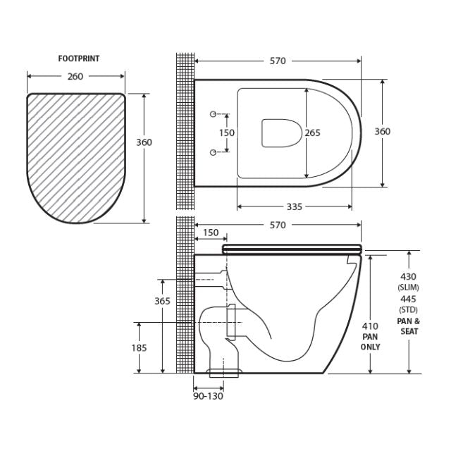 Technical Drawing Fienza Koko Tornado Wall-Faced Toilet Suite Matte Black GEBERIT Sigma In-Wall Internal - S-Trap K002376MBA-GE - The Blue Space