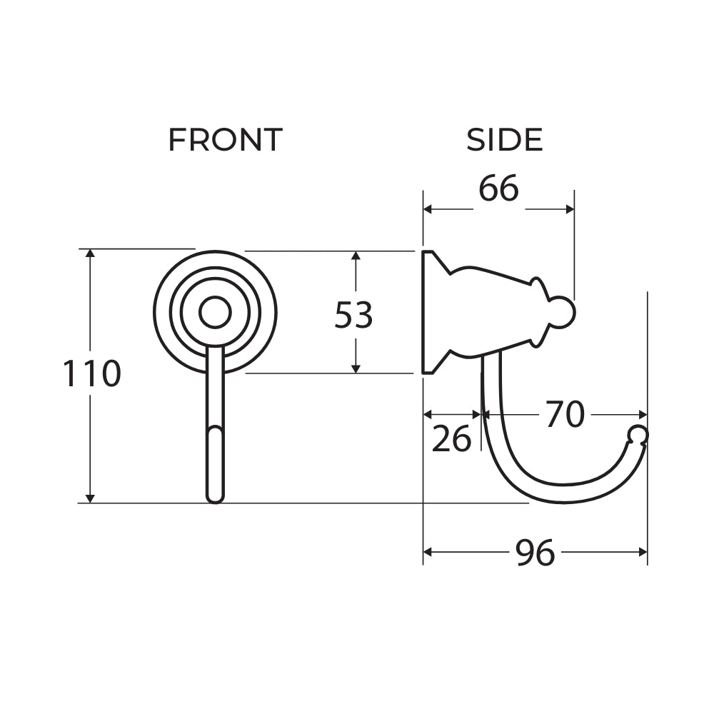 Technical Drawing Fienza Lillian Robe Hook Urban Brass 81004UB - The Blue Space