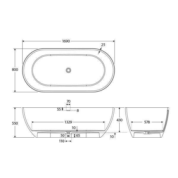 Fienza Luciana Matte Black Stone Freestanding Bath 1690mm Technical Drawing - The Blue Space