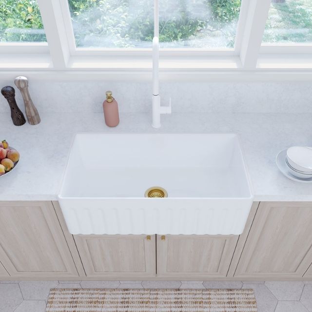 Lifestyle 3 Fienza Olivia Butler Sink Large 835 Reversible Fluted & Flat Fire Clay Gloss White 68706 - The Blue Space