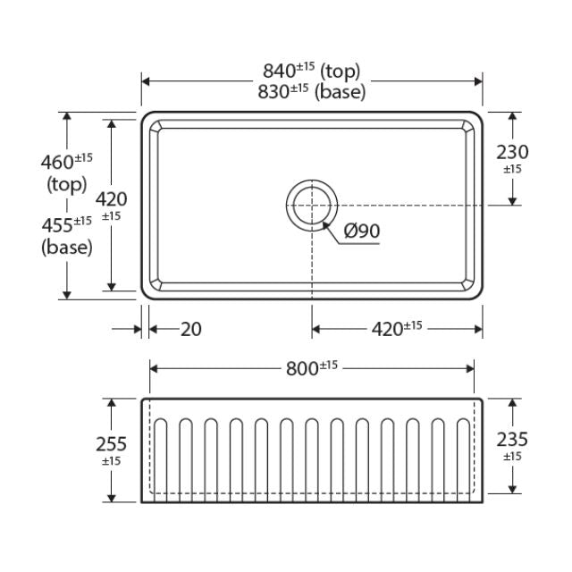 Technical Drawing Fienza Olivia Butler Sink Large 835 Reversible Fluted & Flat Fire Clay Gloss White 68706 - The Blue Space