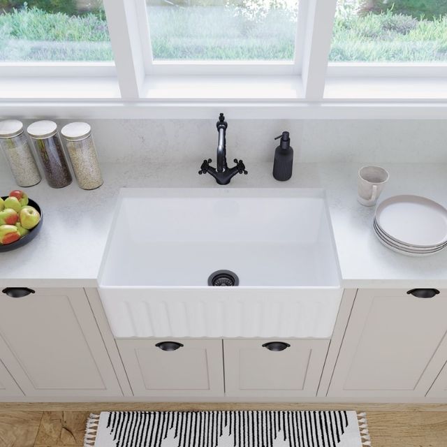 Lifestyle 3 Fienza Olivia Butler Sink Medium 760 Reversible Fluted & Flat Fire Clay Gloss White 68705 - The Blue Space