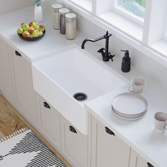 Lifestyle 4 Fienza Olivia Butler Sink Medium 760 Reversible Fluted & Flat Fire Clay Gloss White 68705 - The Blue Space