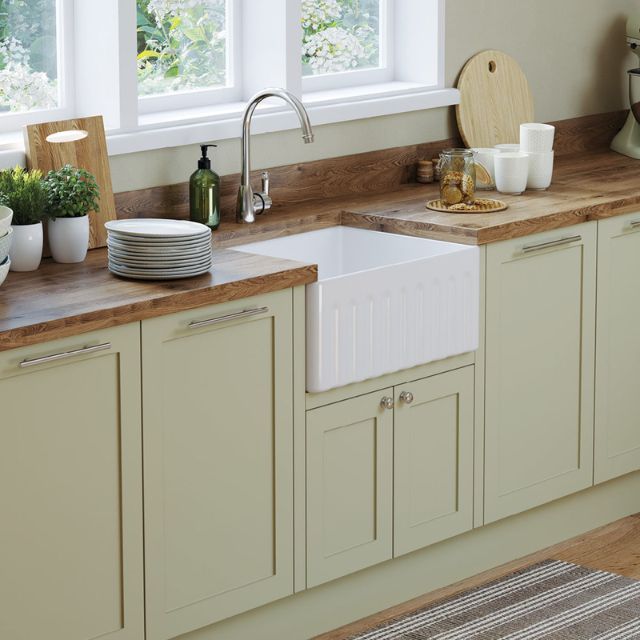 Lifestyle 2 Fienza Olivia Butler Sink Small 610 Reversible Fluted & Flat Fire Clay Gloss White 68704 - The Blue Space