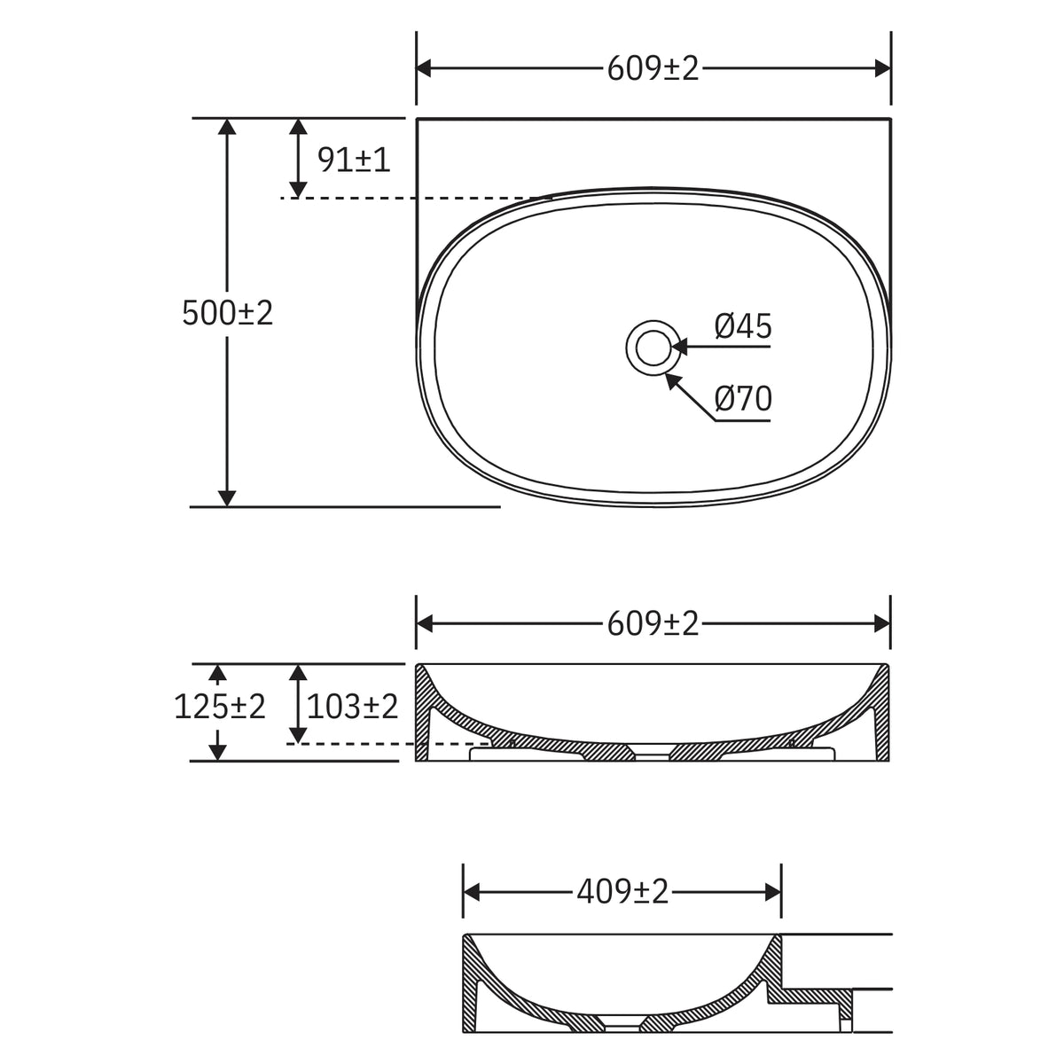 Technical Drawing Fienza Paloma Pill Concrete Wall Hung Basin - Sage RB145SG