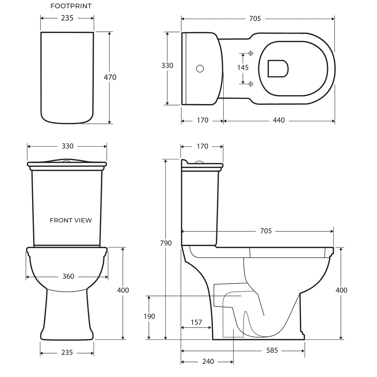 Technical Drawing Fienza RAK Washington Close-Coupled Toilet Suite  - The Blue Space