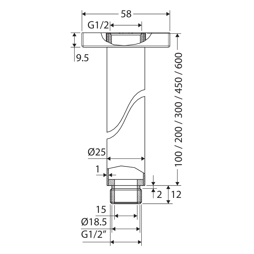 Technical Drawing Fienza Round Shower Dropper 300mm Brushed Nickel 422117B - The Blue Space