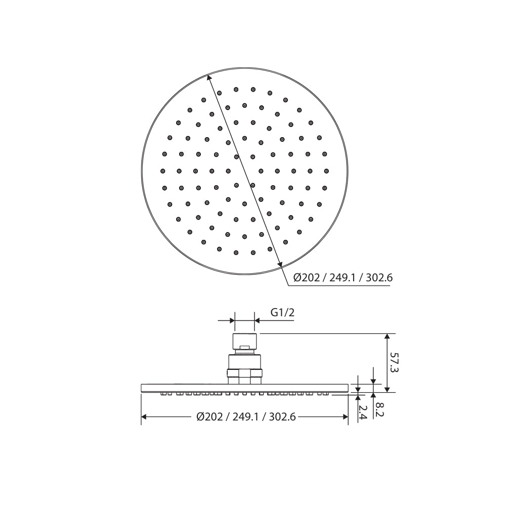Technical Drawing Fienza Starry Shower Head 300mm Brushed Nickel 411109BN - The Blue Space
