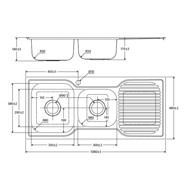 Technical Drawing Fienza Tiva 1080 Kitchen Sink 1.75 Bowl With Drainer 19L-12L 1TH 1080X480X180mm 68106L-68106R - The Blue Space