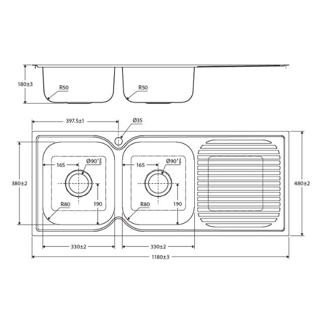 Technical Drawing Fienza Tiva 1180 Kitchen Sink Double Bowl With Drainer Topmount 19L-19L 1TH 1180X480X180mm 68107L-68107R - The Blue Space