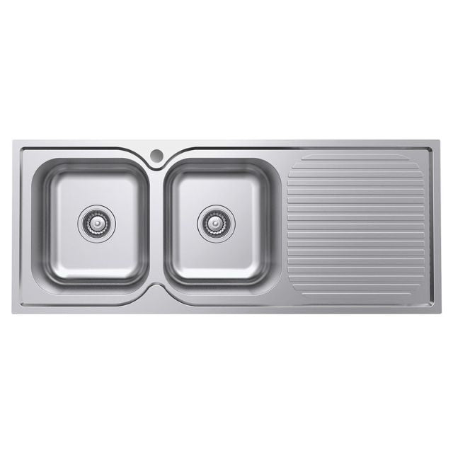 Fienza Tiva 1180 Kitchen Sink Double Bowl With Drainer Topmount 19L-19L 1TH 1180X480X180mm