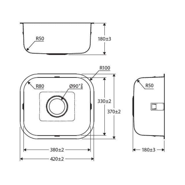 Technical Drawing Fienza Tiva 420 Kitchen Sink Single Bowl 20L NTH 420X370X180mm 68102 - The Blue Space