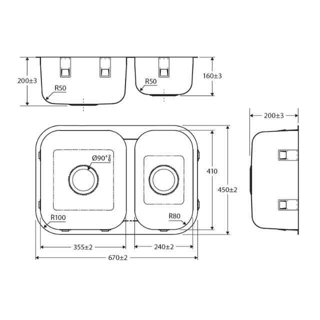 Technical Drawing Fienza Tiva 670 Kitchen Sink Double Bowl 25L-13L Top/Undermount NTH 670X450X200mm 68110 - The Blue Space
