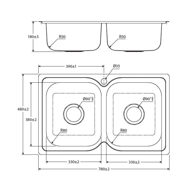 Technical Drawing Fienza Tiva 780 Kitchen Sink Double Bowl Topmount 19L-19L NTH 780X480X180mm 68108 - The Blue Space