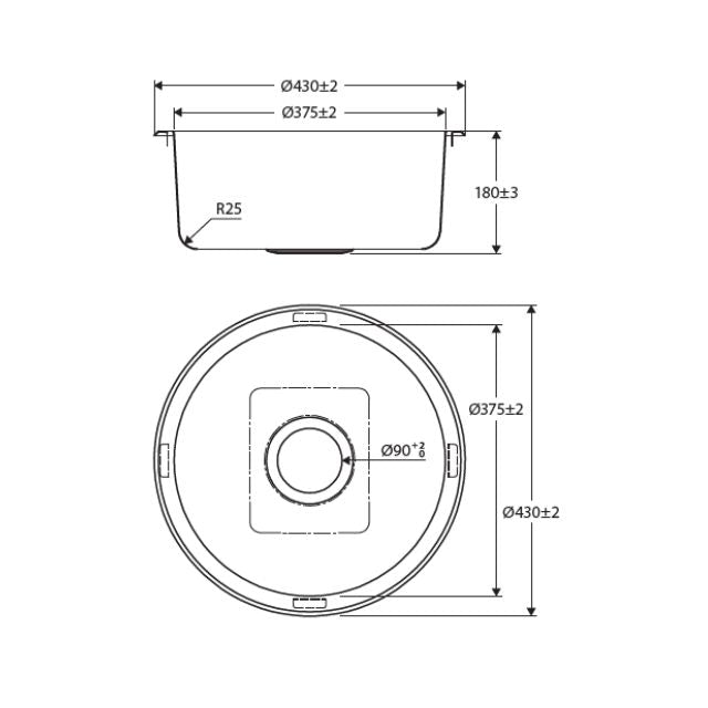 Technical Drawing Fienza Tiva Kitchen Sink Round Bowl 19L NTH 430X180mm 68103 - The Blue Space