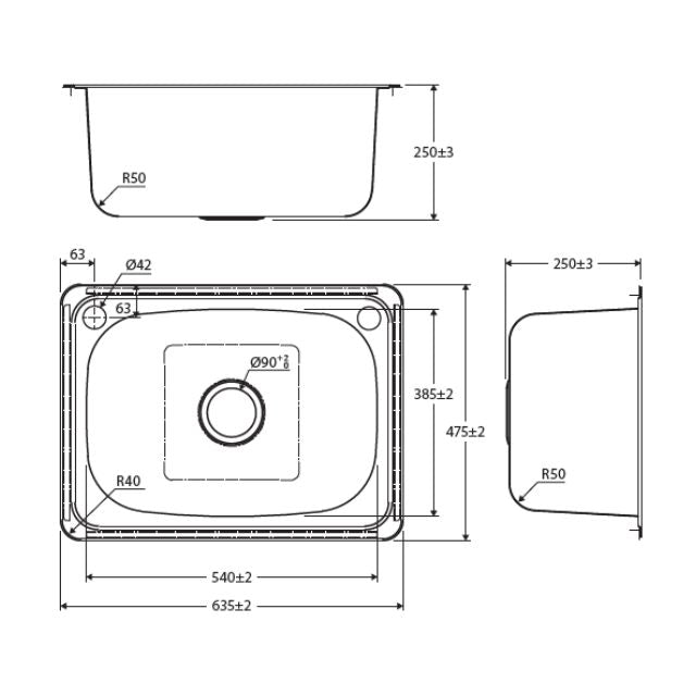 Technical Drawing Fienza Tiva Laundry Sink Topmount 45L 2TH Includes Waste Bypass Kit & TH Cover 635X475X250mm 68203 - The Blue Space