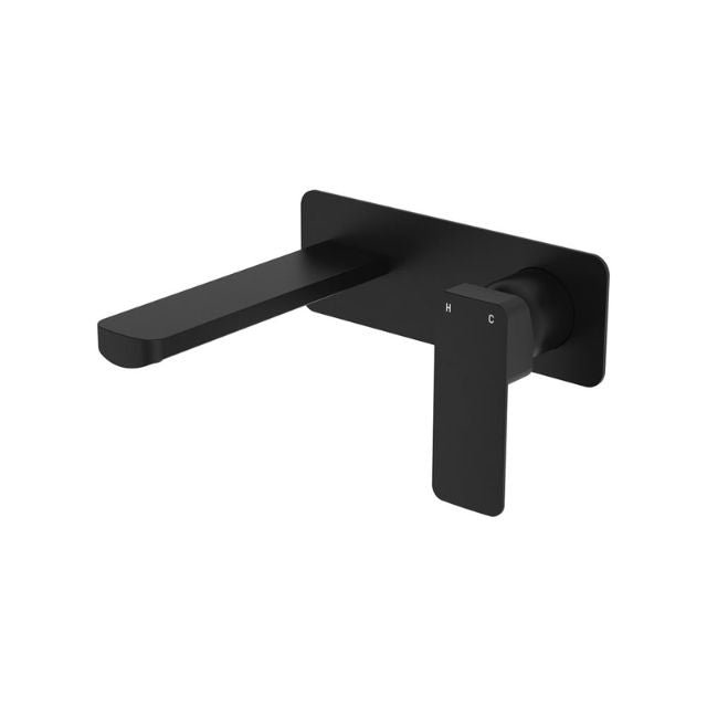 Fienza Tono Basin/Bath Wall Mixer 160mm Outlet Set Large Square Plates Matte Black 233106B - The Blue Space
