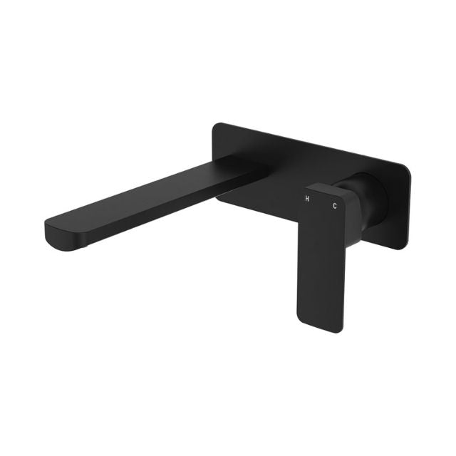 Fienza Tono Basin/Bath Wall Mixer Set 200mm Outlet Large Rectangular Plate Matte Black