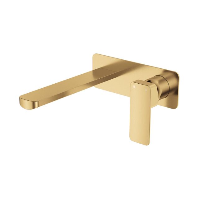 Fienza Tono Basin/Bath Wall Mixer 200mm Outlet Set Large Square Plates Urban Brass 233106UB-200 - The Blue Space