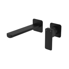 Fienza Tono Basin/Bath Wall Mixer 200mm Outlet Set Small Square Plates Matte Black 233104B-200 - The Blue Space