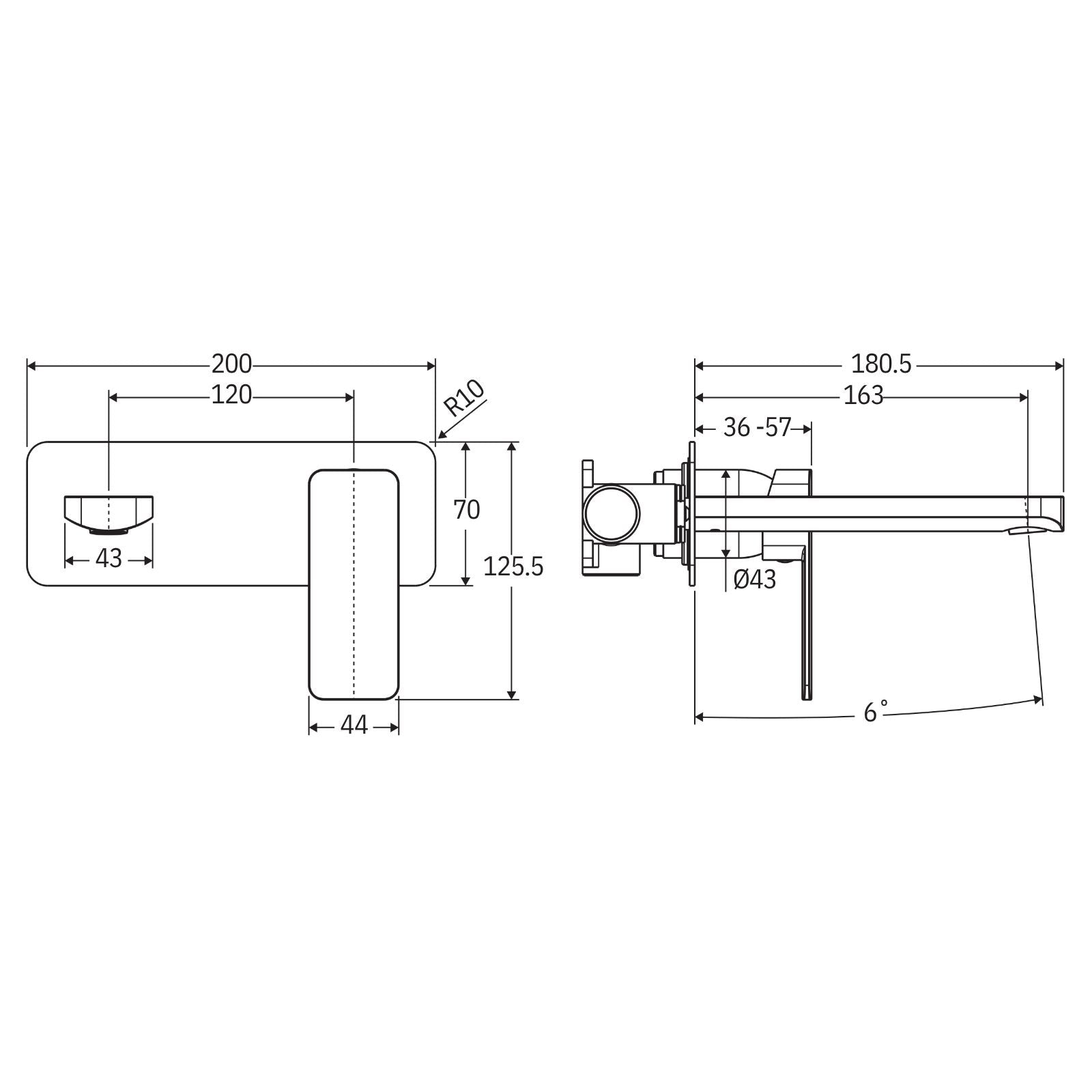 Technical Drawing Fienza Tono Basin/Bath Wall Mixer Set 160mm Outlet Large Rectangular Plate Chrome 233106-LF - The Blue Space