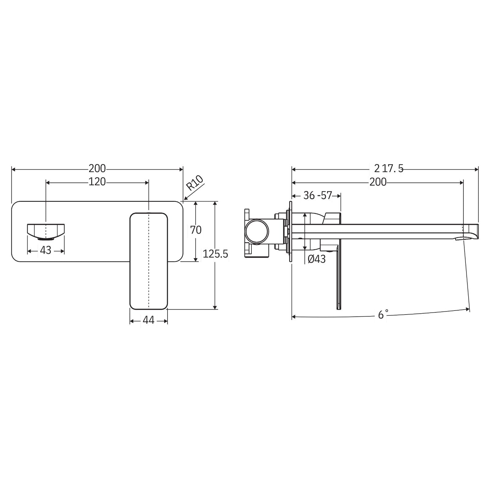 Technical Drawing Fienza Tono Basin/Bath Wall Mixer Set 200mm Outlet Large Rectangular Plate Chrome 233106-200-LF - The Blue Space