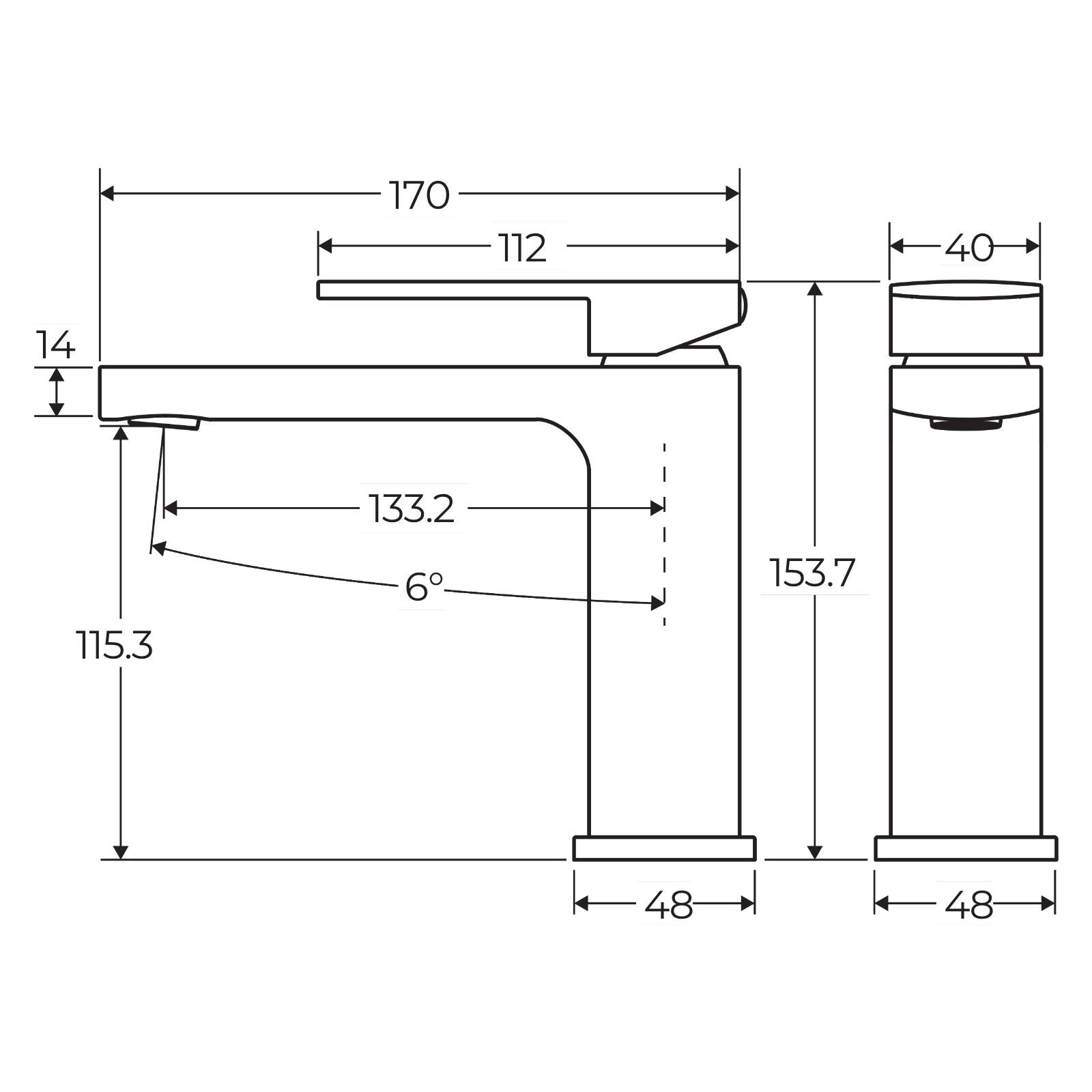 Technical Drawing Fienza Tono Basin Mixer Matte Black 233103B-LF - The Blue Space