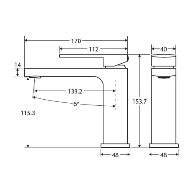 Technical Drawing Fienza Tono Basin Mixer Urban Brass 233103UB - The Blue Space