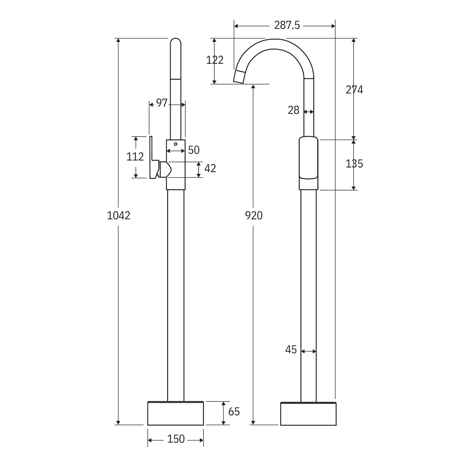 Technical Drawing Fienza Tono Floor Mounted Basin/Bath Mixer Matte Black 233112B-LF - The Blue Space