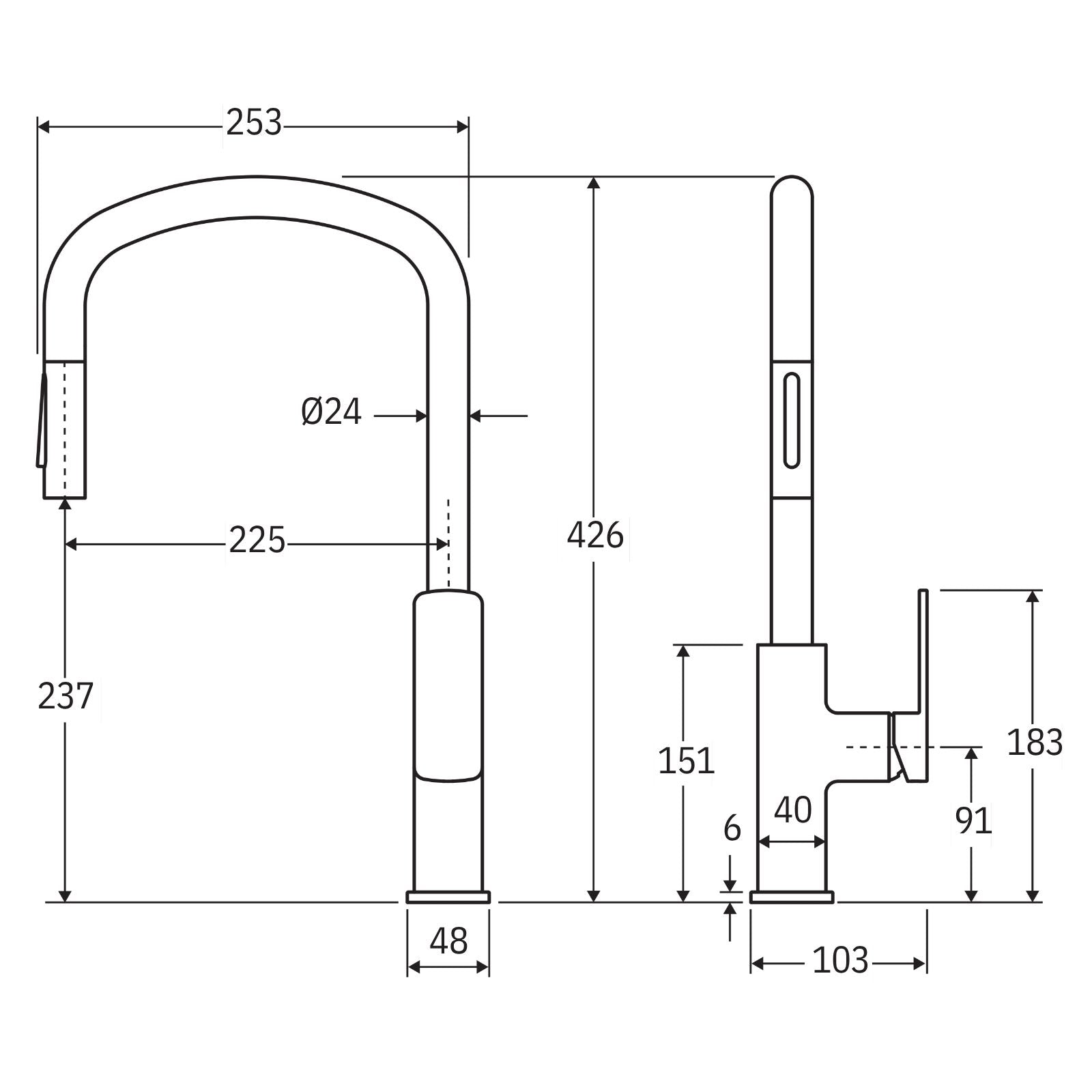 Technical Drawing Fienza Tono Pull Out Sink Mixer Matte Black 233108B-LF - The Blue Space