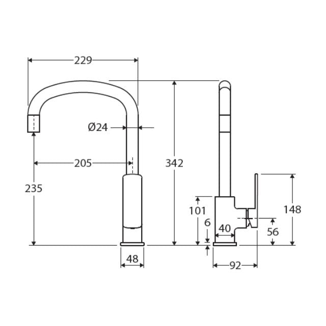 Technical Drawing Fienza Tono Sink Mixer Chrome 233105 - The Blue Space