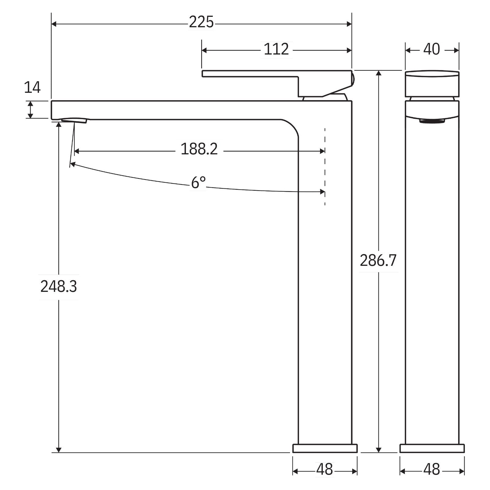 Technical Drawing Fienza Tono Tall Basin Mixer Matte Black 233107B-LF - The Blue Space