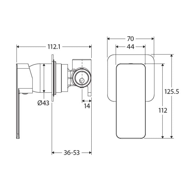 Technical Drawing Fienza Tono Wall Mixer Small Square Plate Matte Black 233101B-4 - The Blue Space