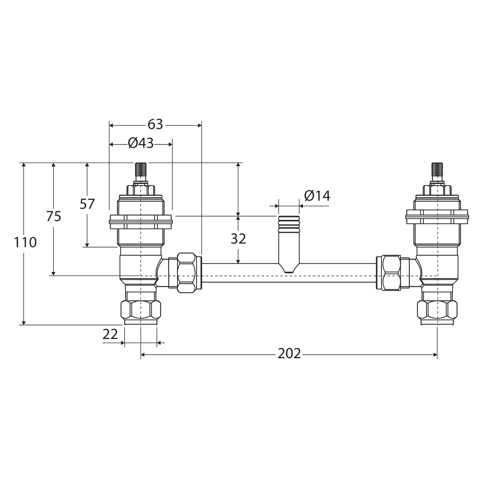 Technical Drawing Fienza Universal Hob Tap Hot/Cold Breech Set 230026-LF - The Blue Space