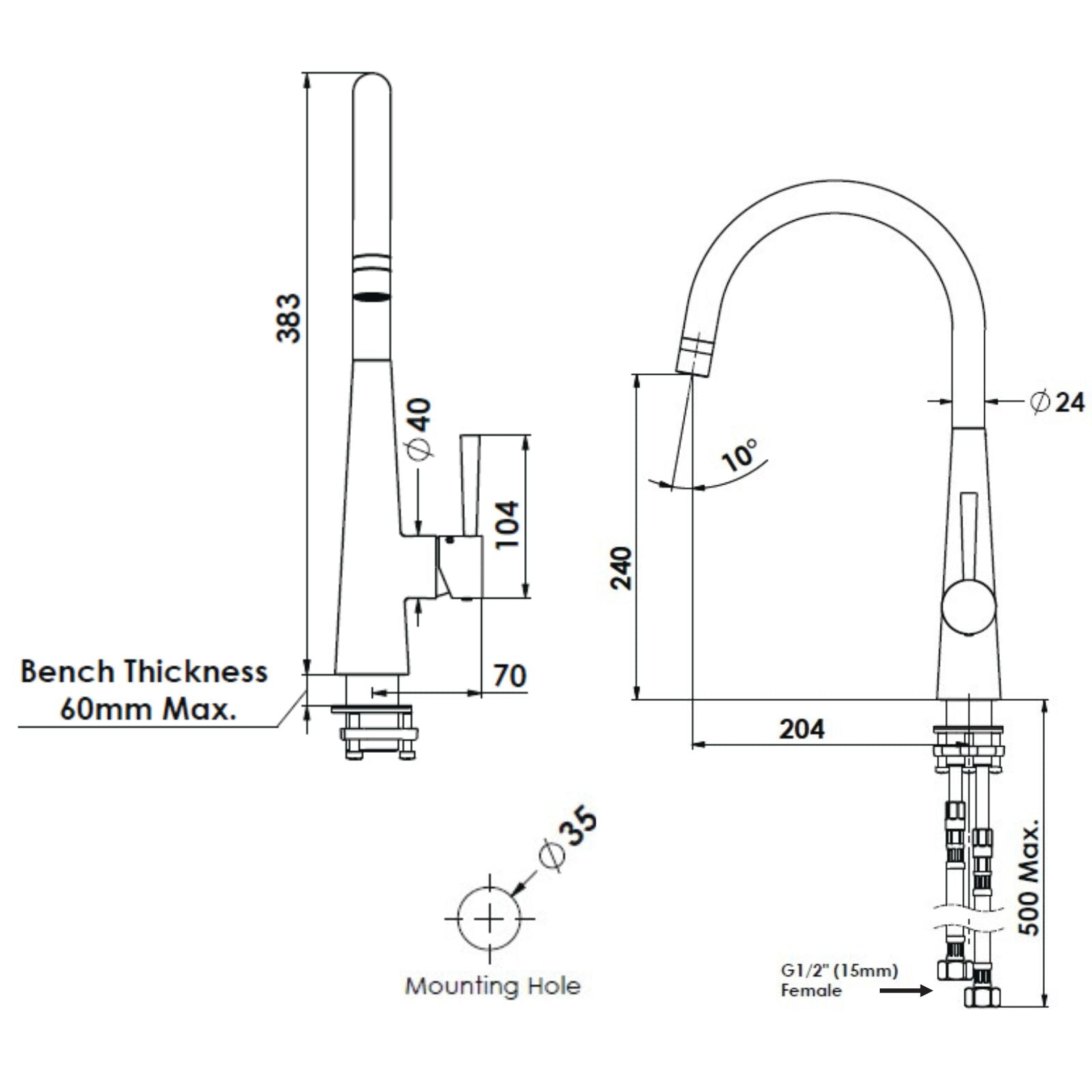 Technical Drawing Greens Galiano Slimline Sink Mixer Brushed Nickel LF1756203BN - The Blue Space
