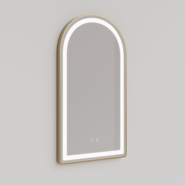 INIAM5090-BG | Ingrain 500mm by 900mm Arch Shaped Frontlit Mirror with Touch Sensor and Demister Pad with Brushed Brass Frame | Product Image