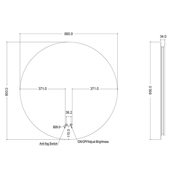 INCRM80 | Ingrain 800mm Round Backlit Mirror with Touch Sensor and Demister Pad - Frameless | Line Drawing - The Blue Space
