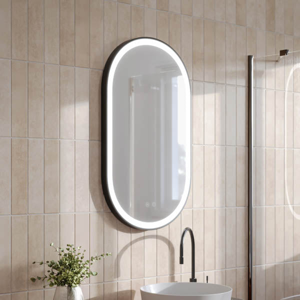 Ingrain Pill Shaped Matte Black Framed Frontlit LED Mirror 500mm by 850mm - Image 1