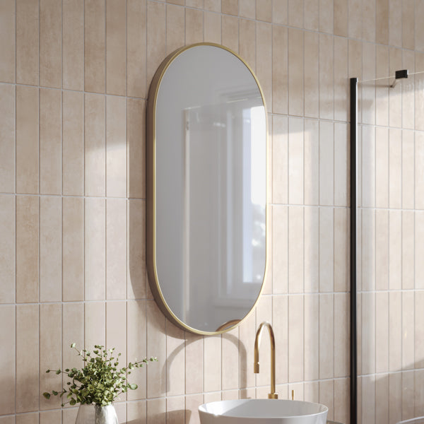 Ingrain Pill Shaped Brushed Gold Framed Mirror 460mm by 910mm