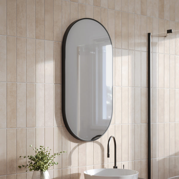 Ingrain Pill Shaped Matte Black Framed Mirror 460mm by 910mm