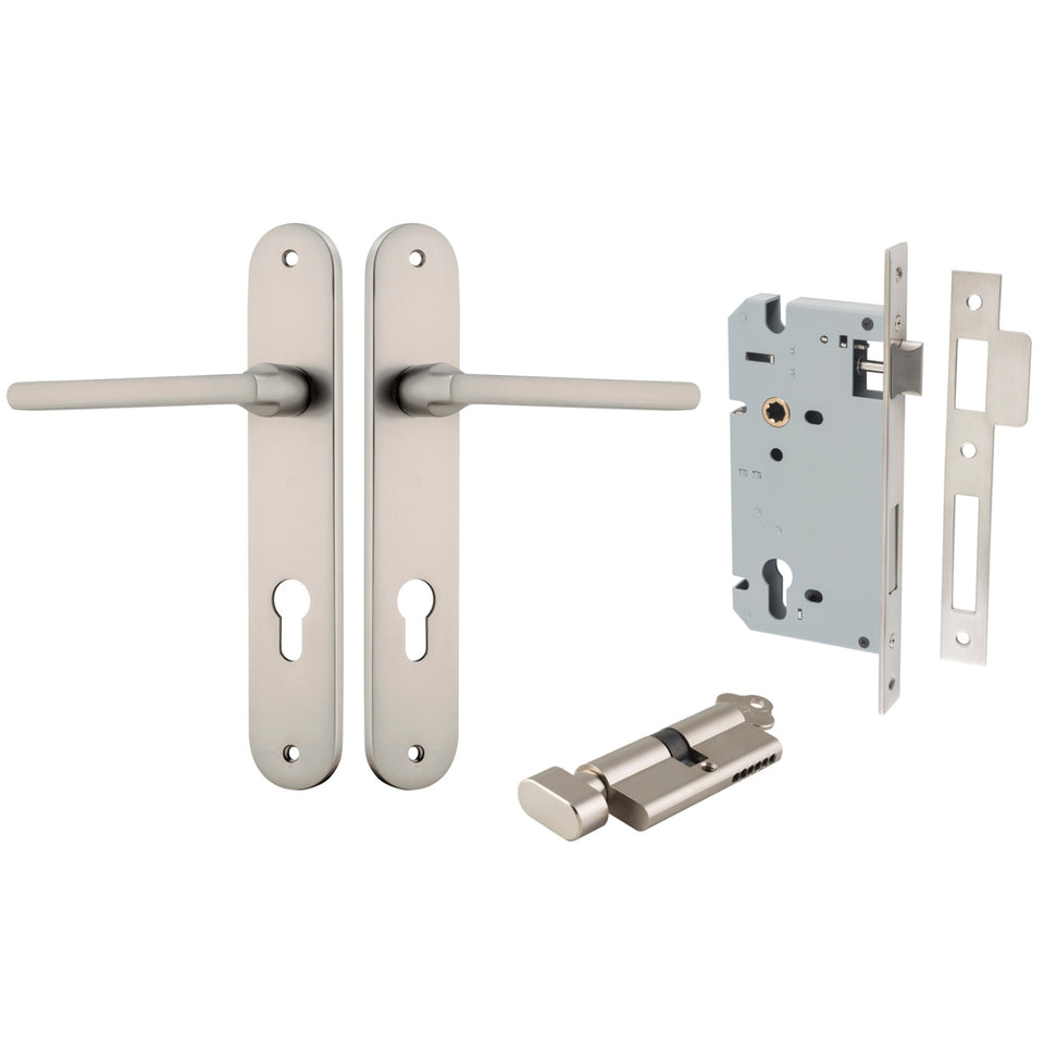 Iver Baltimore Lever Oval Backplate Entrance Kit with High Security Lock Satin Nickel