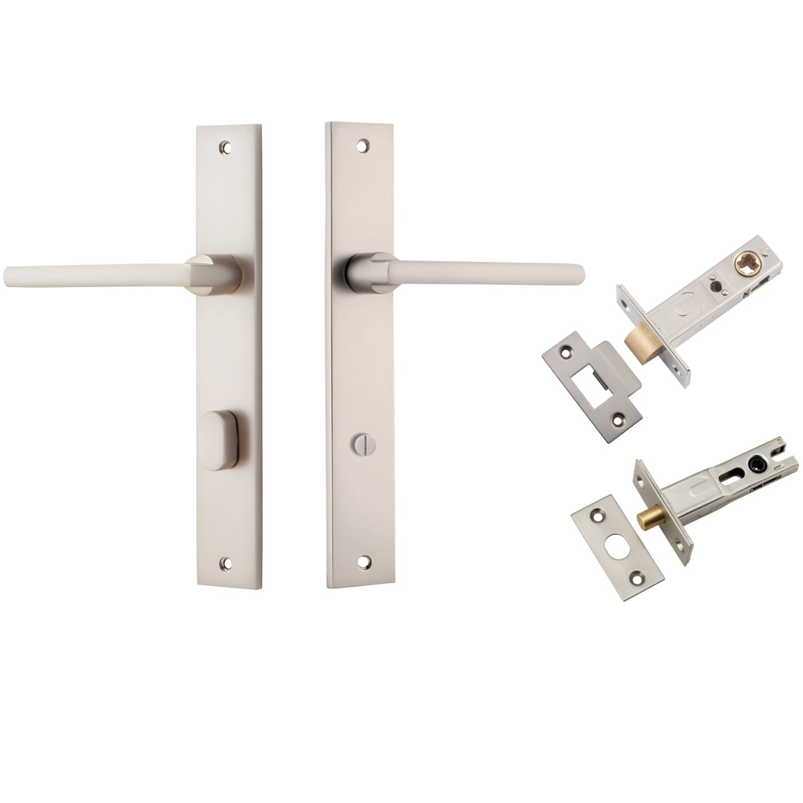 Iver Baltimore Lever Rectangular Backplate Privacy Kit with Privacy Turn Satin Nickel 14702KPRIV60 - The Blue Space