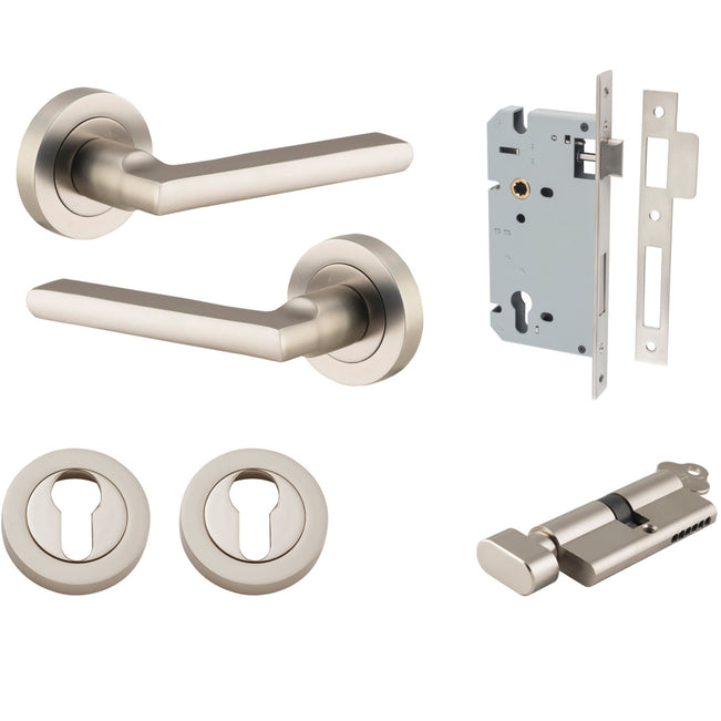 Iver Baltimore Lever Round Rose Entrance Kit with Separate High Security Lock Satin Nickel 9219KENTR60KT - The Blue Space