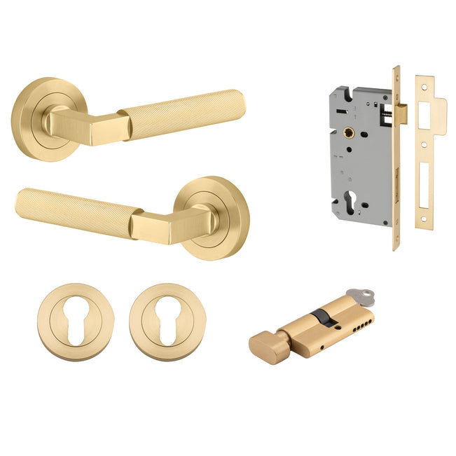 Iver Brunswick Lever Round Rose Entrance Kit with High Security Lock Brushed Gold  16261KENTR60KT - The Blue Space