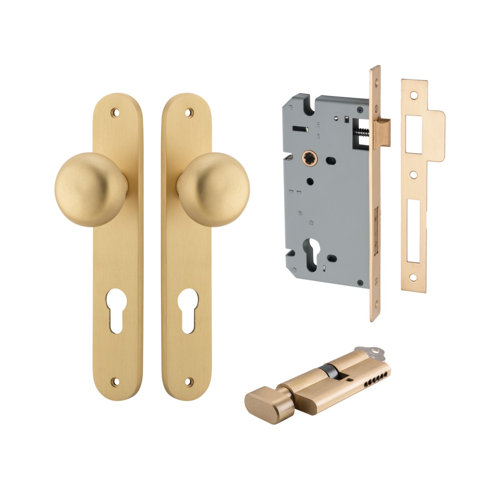 Iver Cambridge Knob Oval Backplate Entrance Kit with High Security Lock Brushed Brass 15334KENTR60KT - The Blue Space