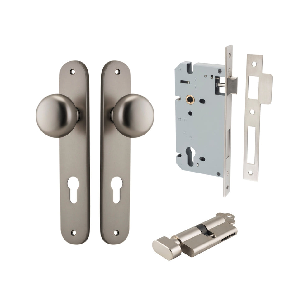 Iver Cambridge Knob Oval Backplate Entrance Kit with High Security Lock Satin Nickel